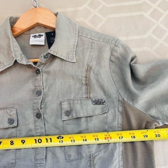 Harley Davidson Women Quarter Button Long Sleeve Shirt Ramie in Tan Size M - Picture 4 of 6
